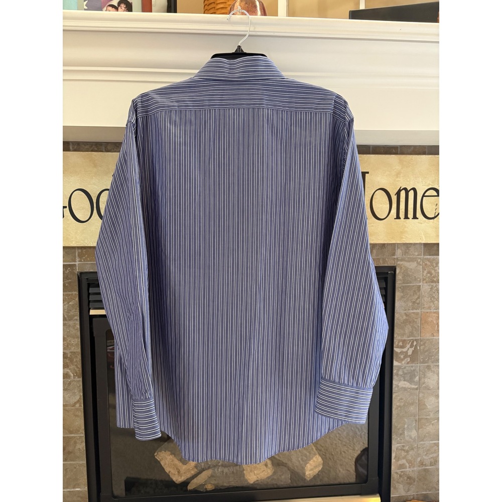 CHAPS Mens Blue White Pinstripe Stretch No Wrinkle  Fit Dress Shirt 17 1/2 32/33 - Picture 2 of 7
